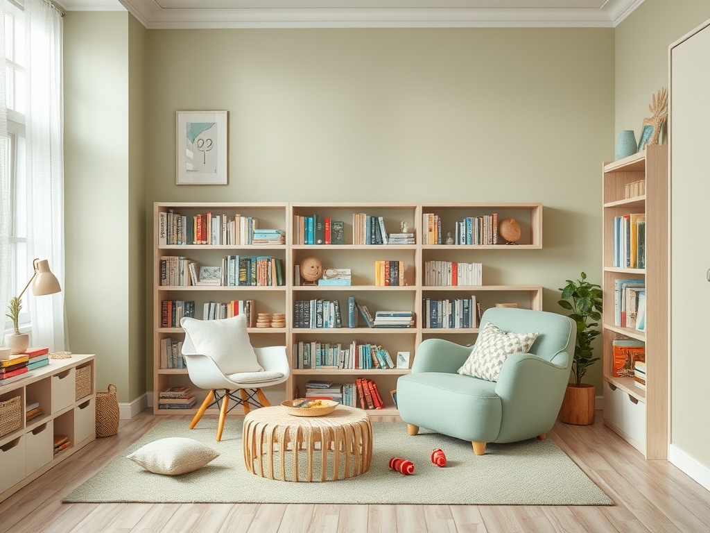 Современная уютная гостиная с книжными полками, креслом и круглыми столиком на светлом фоне.