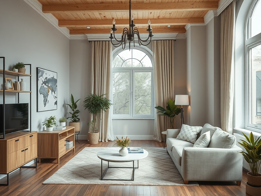 Современная гостиная с большими окнами, уютным диваном и зелеными растениями на деревянном полу.