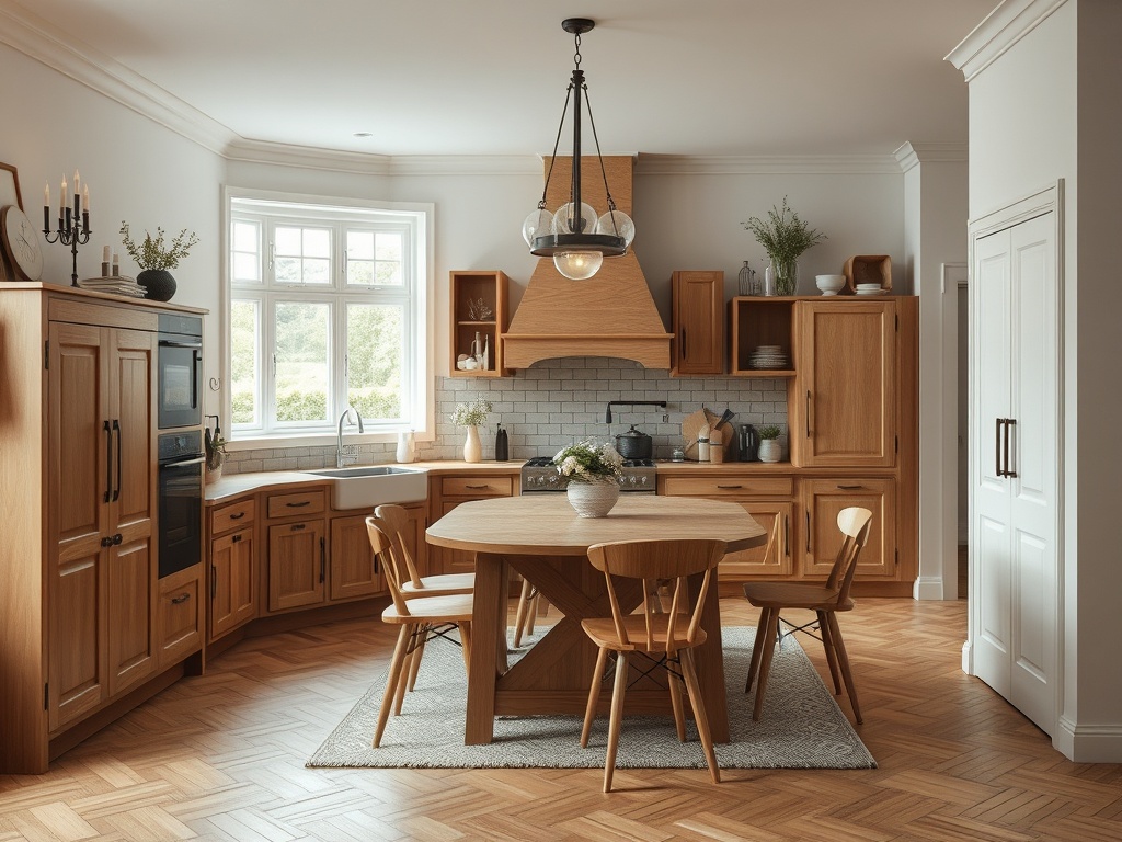 Современная кухня с деревянной мебелью, круглым столом и уютной атмосферой, расположенная у окна.