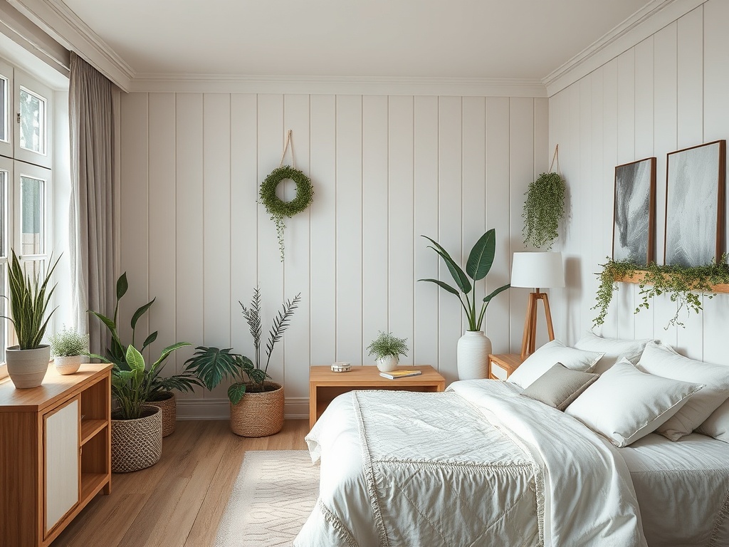 Современная спальня с растениями, уютной постелью и светлыми стенами, создающими атмосферу комфорта.