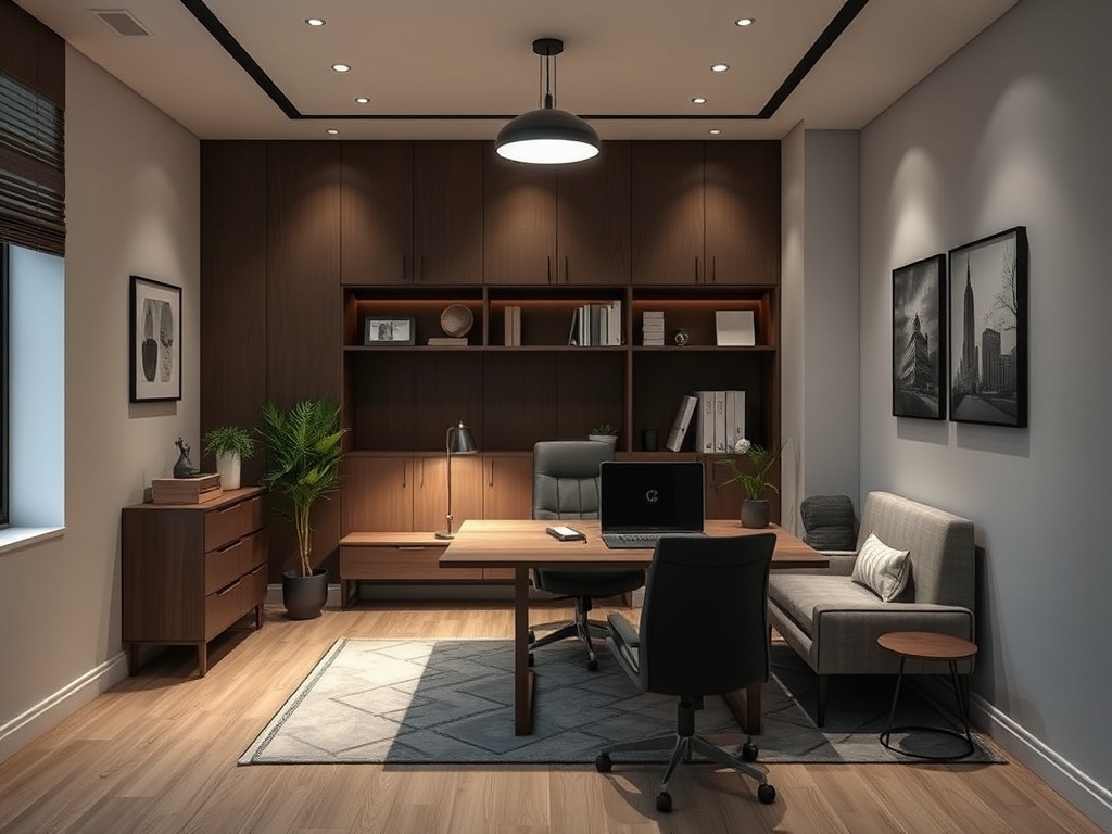 Современный кабинет с деревянной мебелью, уютным диваном и растениями, освещённый мягким светом.