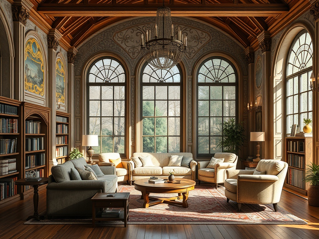 Уютная гостиная с большими окнами, мягкой мебелью и книжными полками на фоне солнечного света.