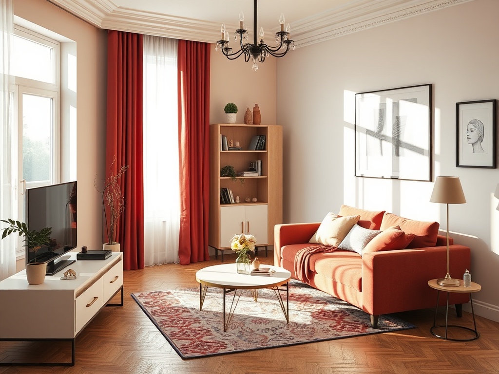 Современная гостиная с оранжевым диваном, телевизором и книжным шкафом на фоне больших окон и красных штор.