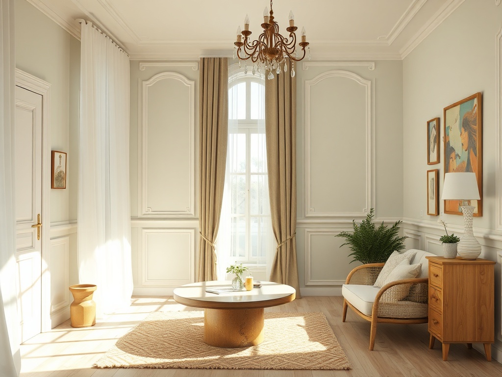 Светлая гостиная с круглым кофейным столом, креслом, растением и эффектными картинами на стенах.