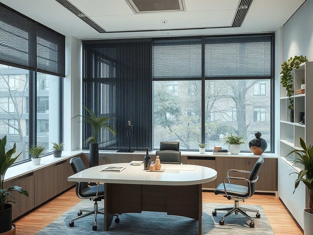 Современный офис с большим окном, столом и зелеными растениями в уютной атмосфере.