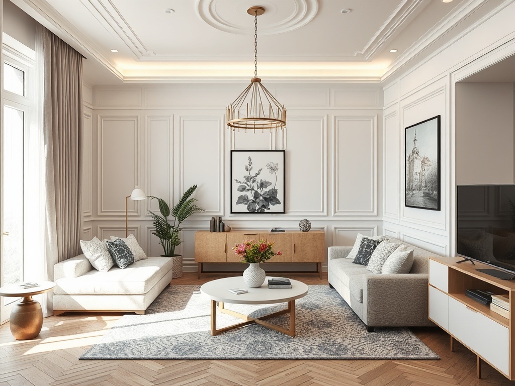 Современный стильный интерьер гостиной с уютной мебелью и ярким освещением.