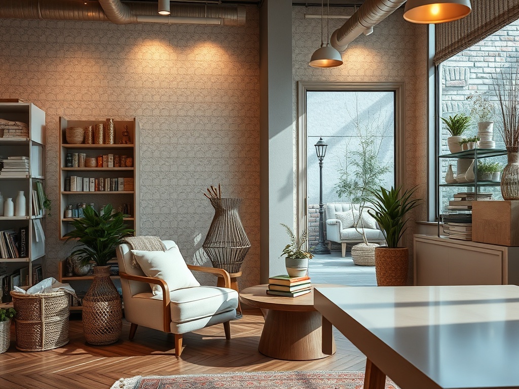 Современный и уютный интерьер с растениями, книжной полкой и мягким креслом, светлой палитрой и большим окном.