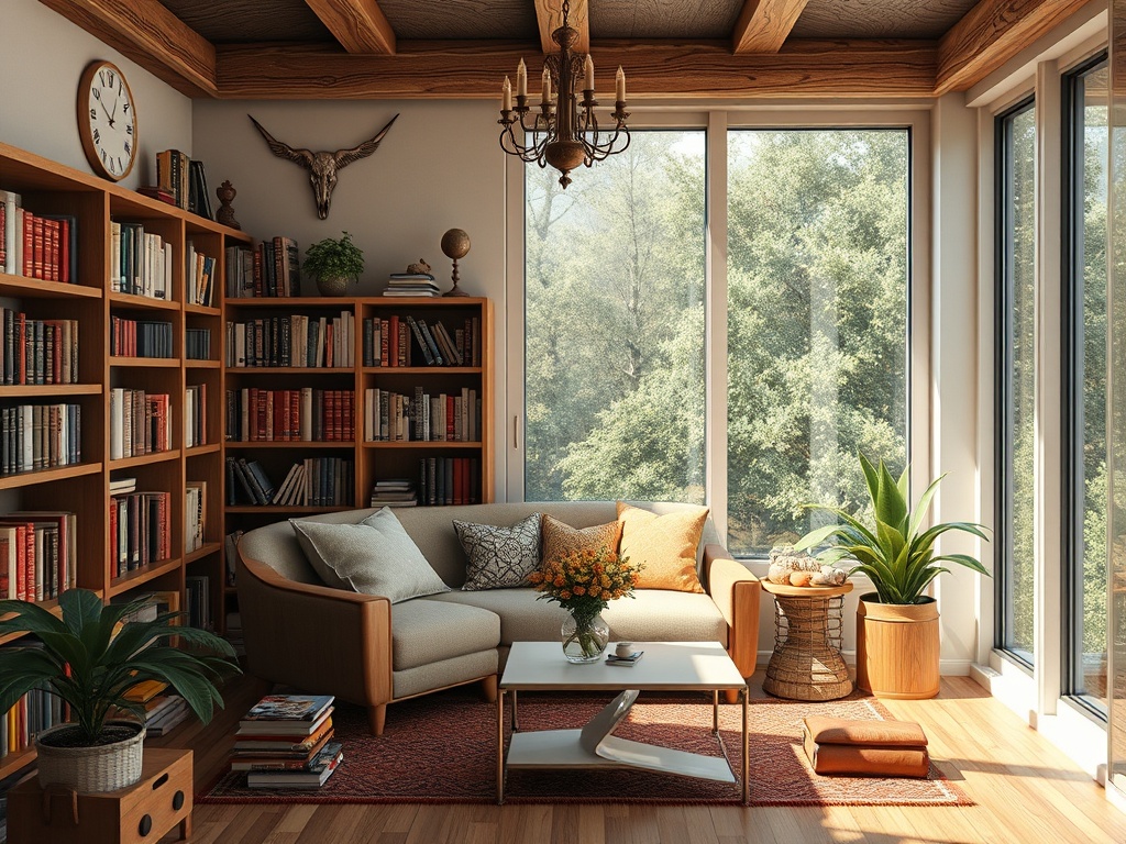 Современная гостиная с библиотекой, удобным диваном и большими окнами, выходящими на зеленый пейзаж.