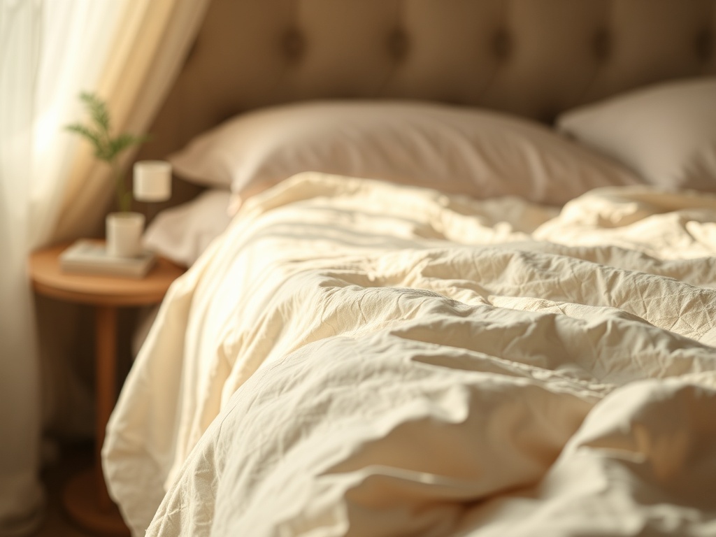 Спокойная спальня с мягкой постелью и уютным освещением. Рядом столик с растением и чашкой.