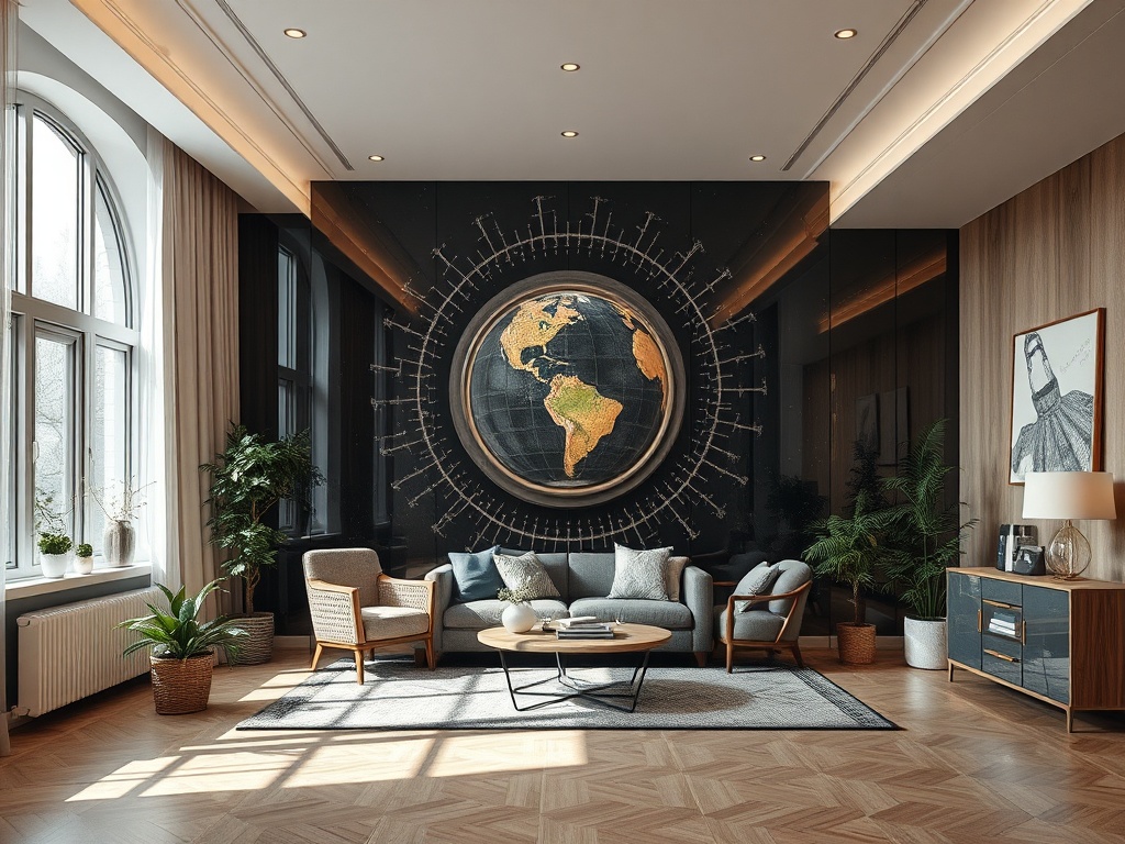 Современная гостиная с набором мебели, зелеными растениями и глобусом на стене. Светлое, уютное пространство.