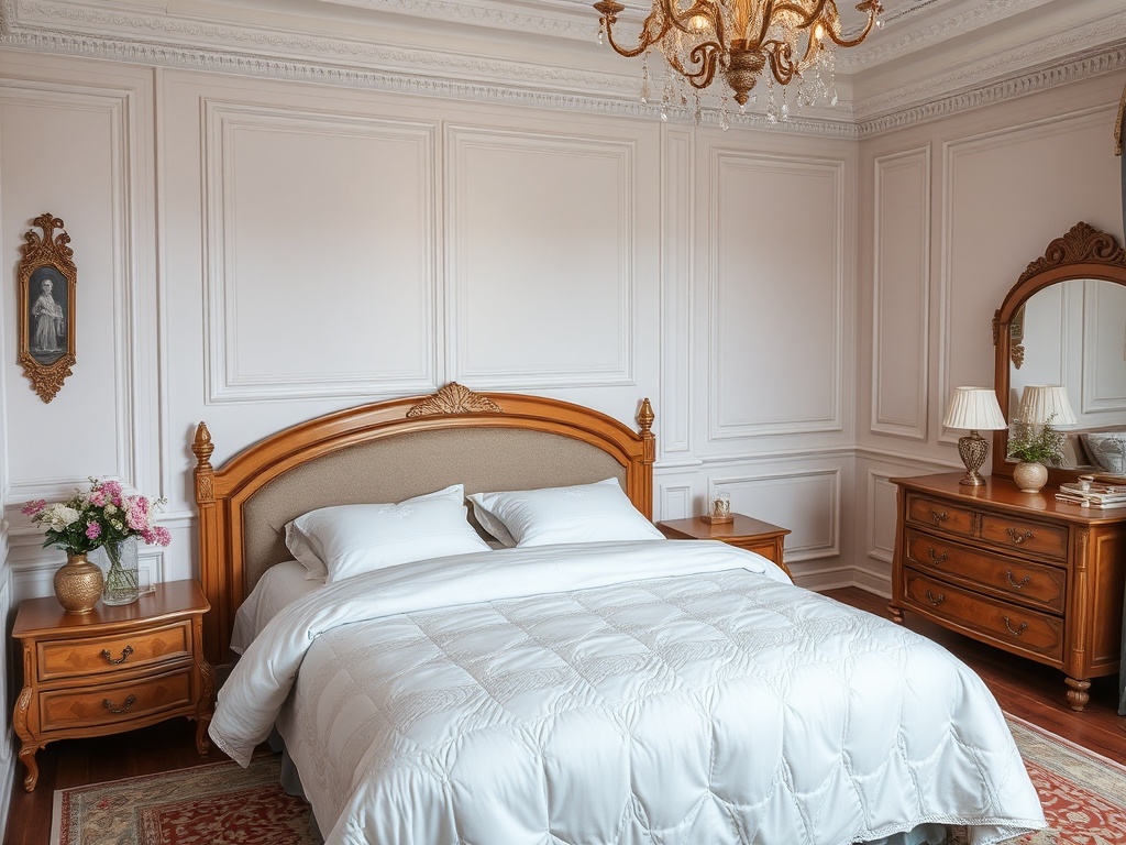 Просторная спальня с деревянной мебелью, белым постельным бельем и изящной люстрой на потолке.